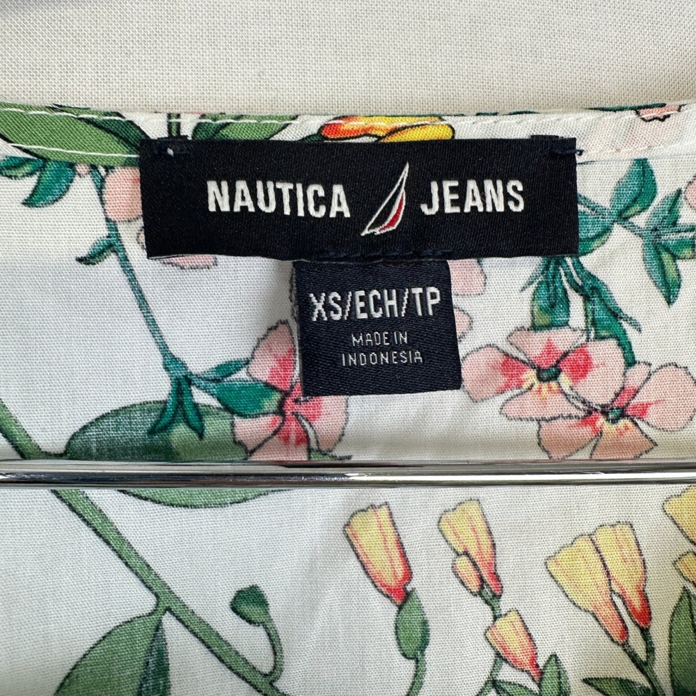 Nautica Jeans Floral Peplum Blouse‎ White Puff Sleeve Women's XS - Picture 10 of 14
